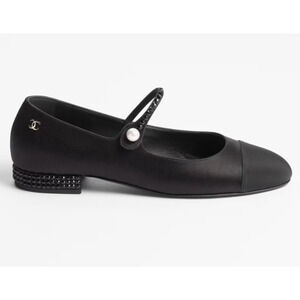 Chanel 24B Black Silk Crystal CC Logo Mary Jane Strap Ballerina Ballet Flat 38.5